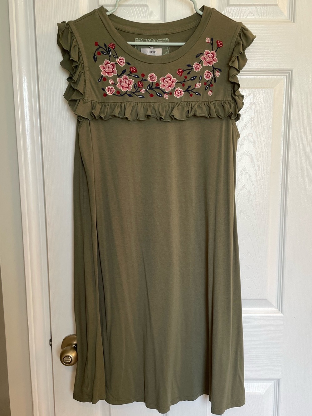 Cupio Olive Green Ruffle Dress with Pink Floral Embroidery